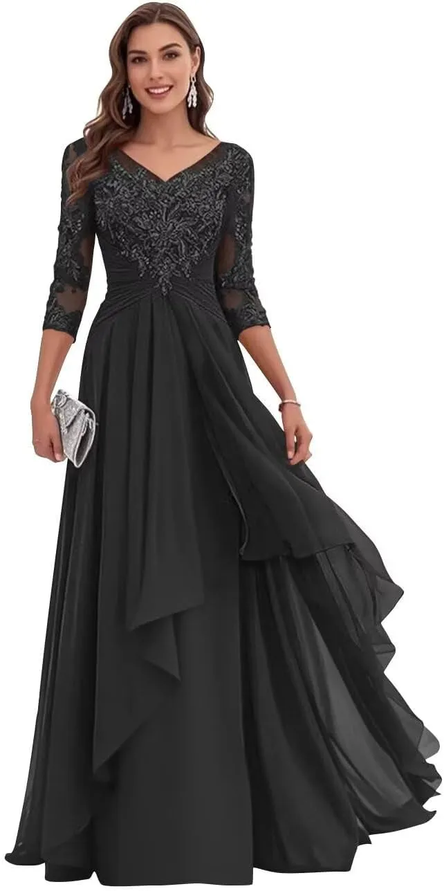Women's Lace Long Mother of The Bride Dresses with Sleeves V Neck Chiffon Black Formal Evening Gown Long Lace Appliques Dress Size 6