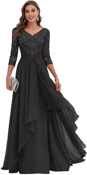 Women's Lace Long Mother of The Bride Dresses with Sleeves V Neck Chiffon Black Formal Evening Gown Long Lace Appliques Dress Size 6