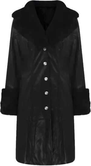 Womens Leather Jacket with Faux Fur Collar Leather Long Jacket Winter Fashion Trench Coat Fleece Lined Coats with Pocket