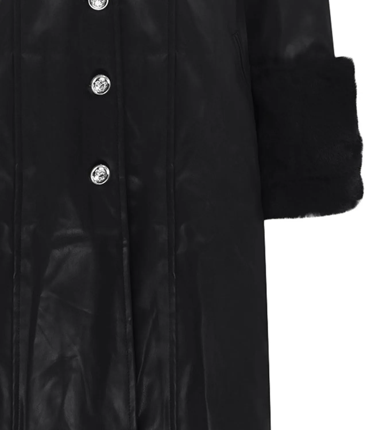 Womens Leather Jacket with Faux Fur Collar Leather Long Jacket Winter Fashion Trench Coat Fleece Lined Coats with Pocket