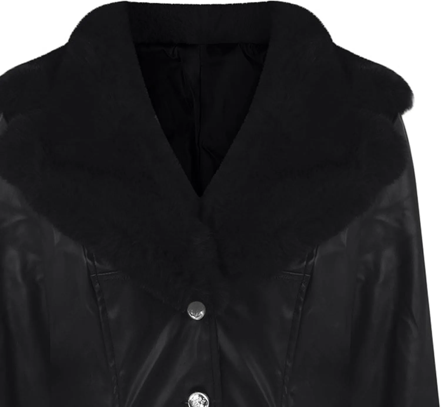 Womens Leather Jacket with Faux Fur Collar Leather Long Jacket Winter Fashion Trench Coat Fleece Lined Coats with Pocket