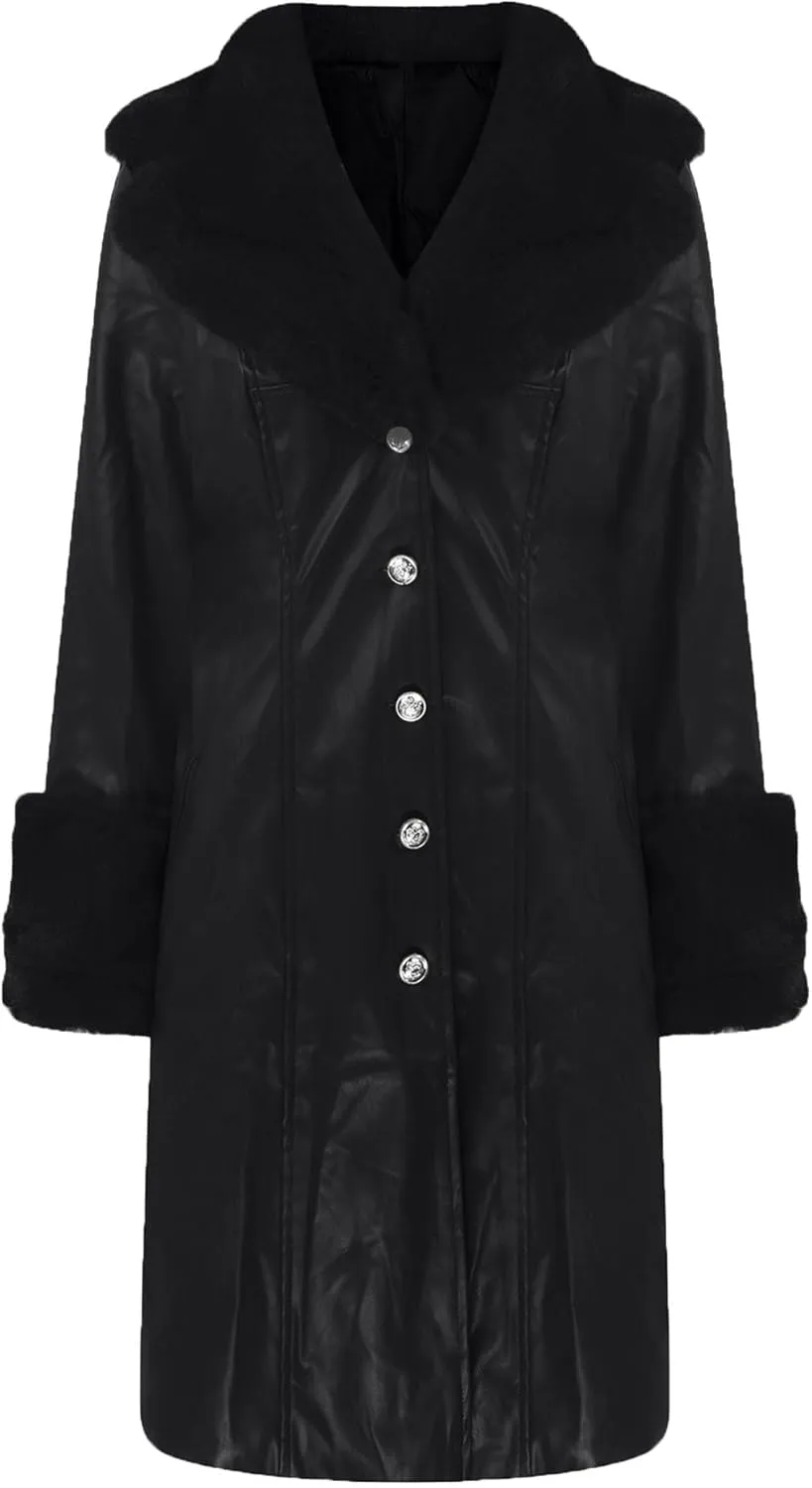 Womens Leather Jacket with Faux Fur Collar Leather Long Jacket Winter Fashion Trench Coat Fleece Lined Coats with Pocket