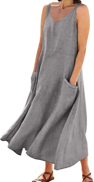 Womens Linen Dresses 2025 Boho Sleeveless Halter Dress Maxi Flowy Cute Plus Size Sundresses Dressy Casaul Vacation
