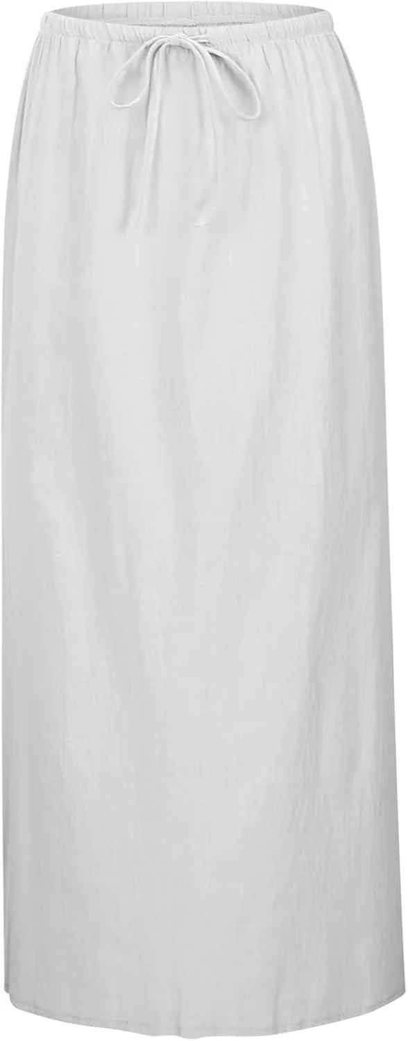 Women's Linen Maxi Skirts Elastic Waisted Baggy High Waisted Casual Skirt Drawstring Lightweight Comfortable Skorts