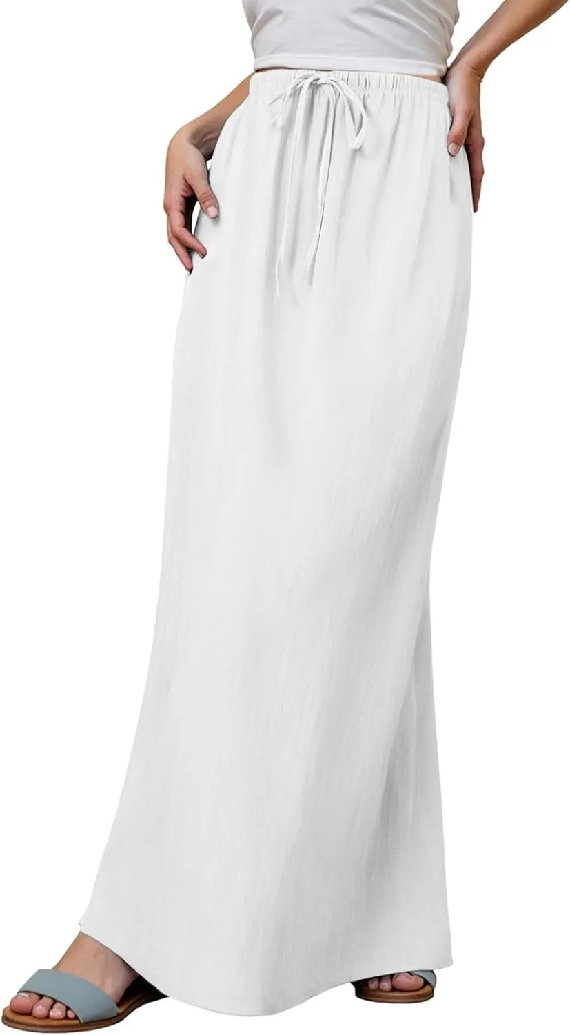 Women's Linen Maxi Skirts Elastic Waisted Baggy High Waisted Casual Skirt Drawstring Lightweight Comfortable Skorts