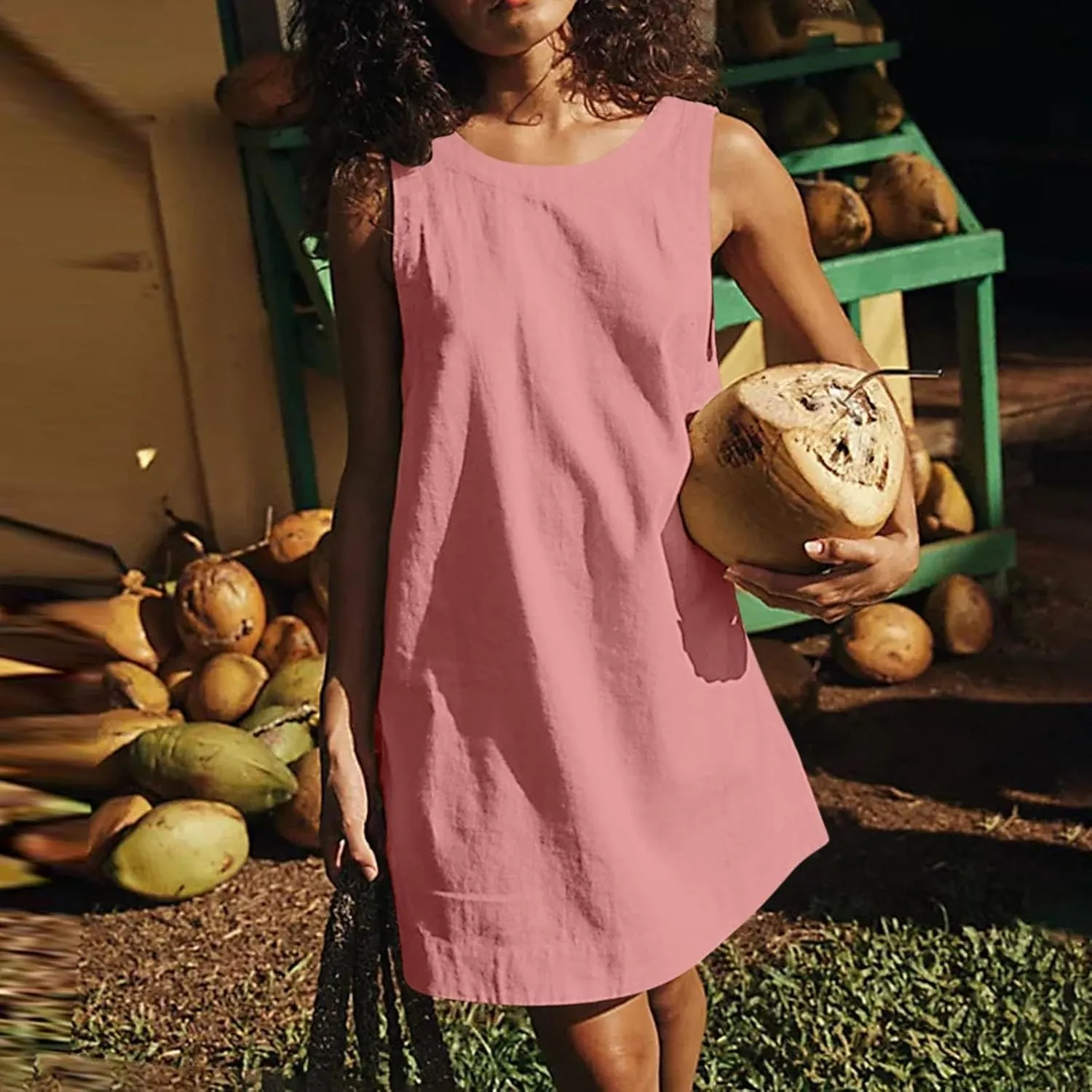 Womens Linen Sun Dress Casual High Neck Backless Mini Dress with Pockets Summer Flowy A Line Swing Boho Beach Dresses
