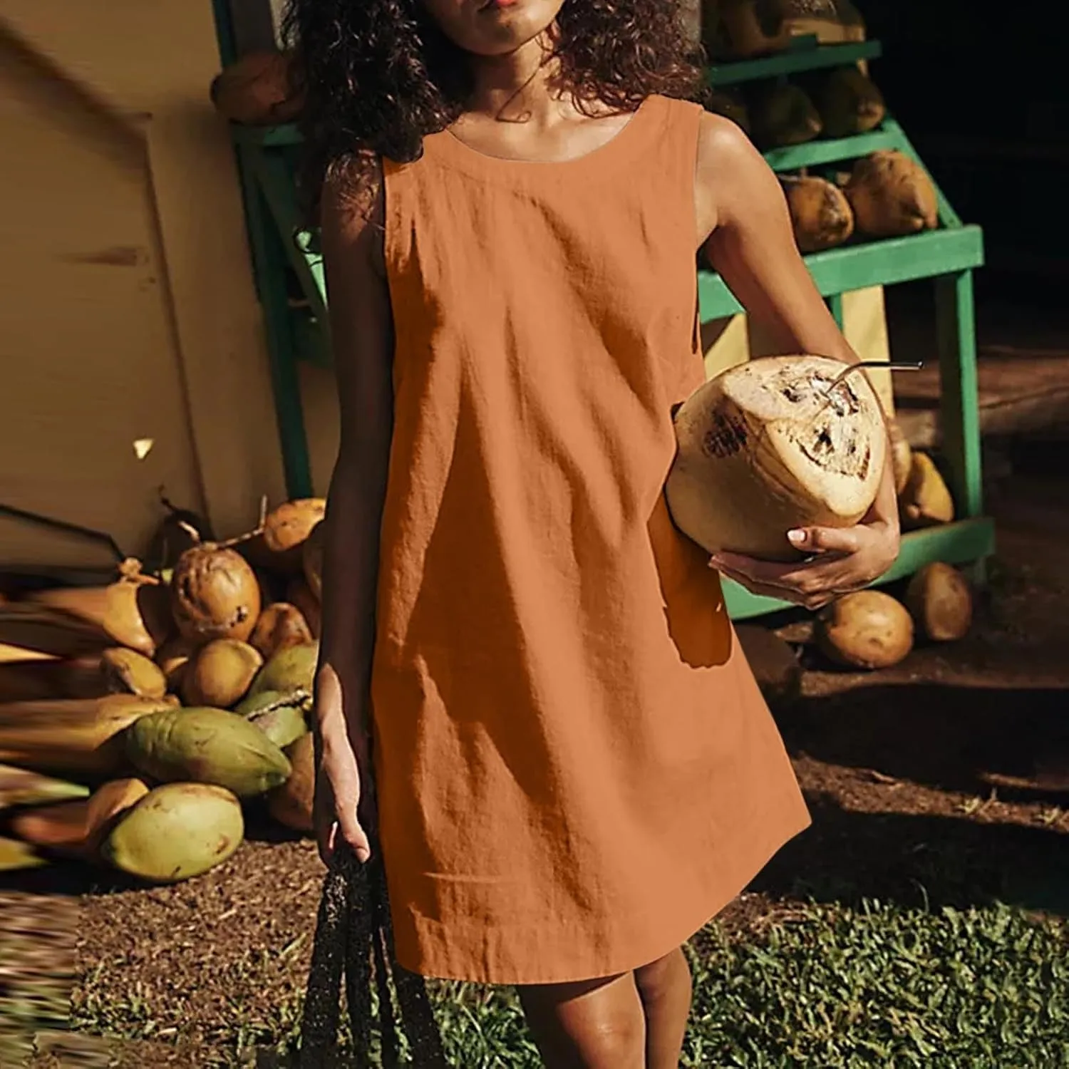 Womens Linen Sun Dress Casual High Neck Backless Mini Dress with Pockets Summer Flowy A Line Swing Boho Beach Dresses