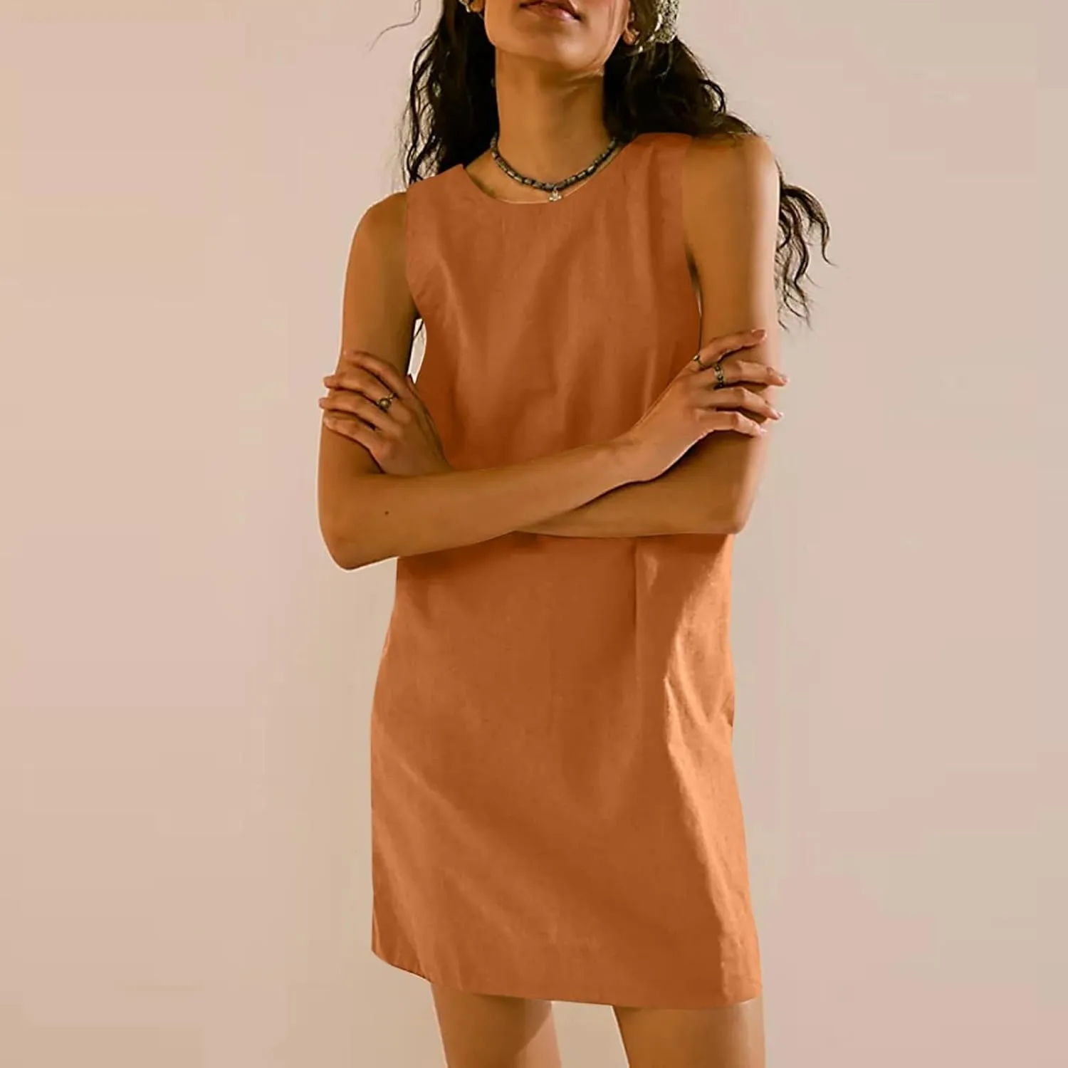 Womens Linen Sun Dress Casual High Neck Backless Mini Dress with Pockets Summer Flowy A Line Swing Boho Beach Dresses