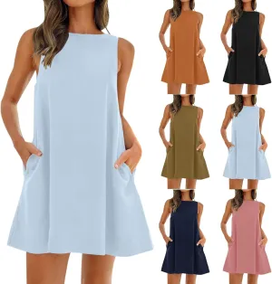 Womens Linen Sun Dress Casual High Neck Backless Mini Dress with Pockets Summer Flowy A Line Swing Boho Beach Dresses