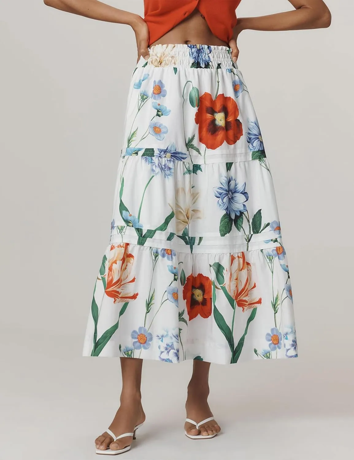 Womens Long Maxi Skirts Casual Boho Smocked High Waisted Flowy Tiered Ruffle A Line Floral Midi Dress with Pockets