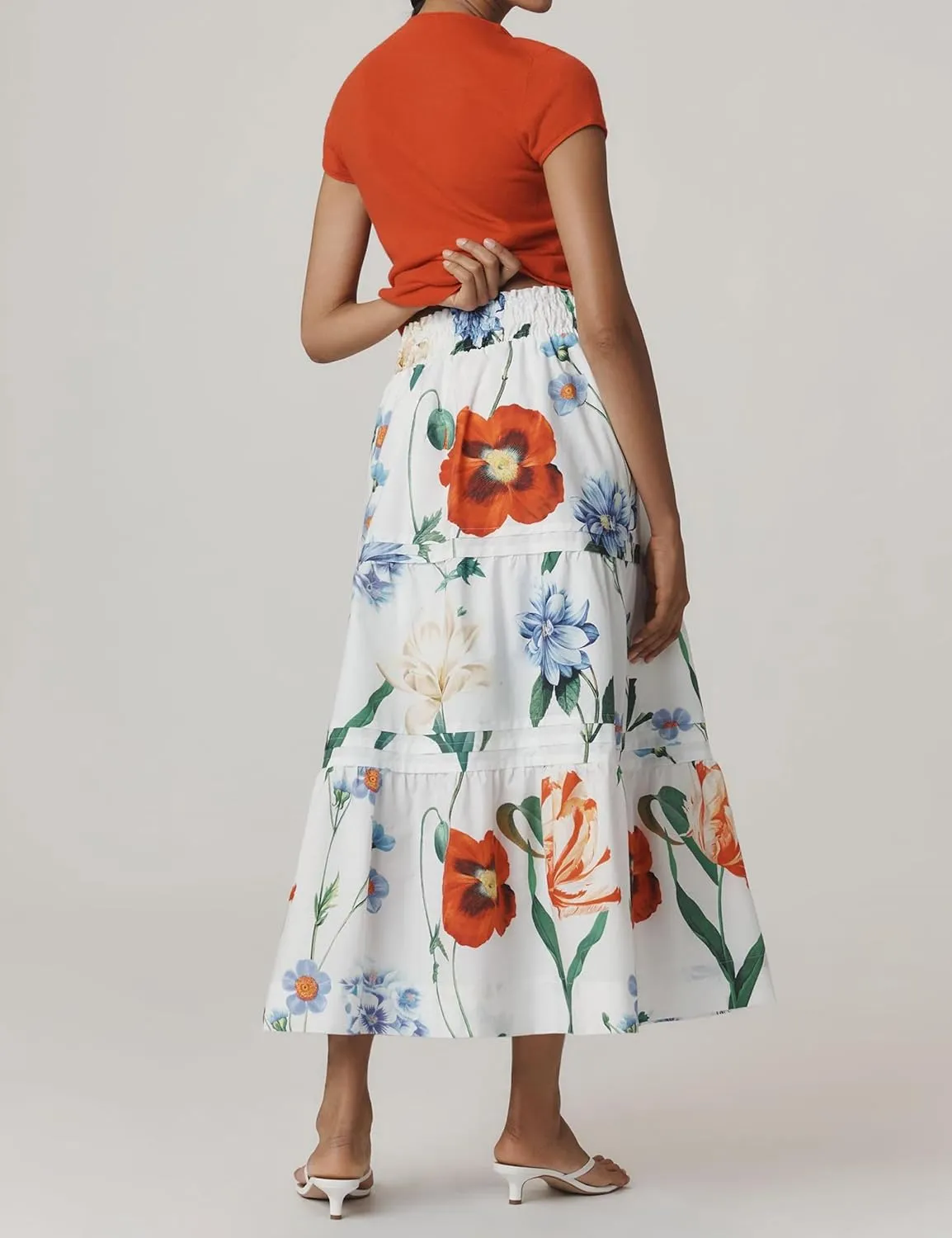 Womens Long Maxi Skirts Casual Boho Smocked High Waisted Flowy Tiered Ruffle A Line Floral Midi Dress with Pockets