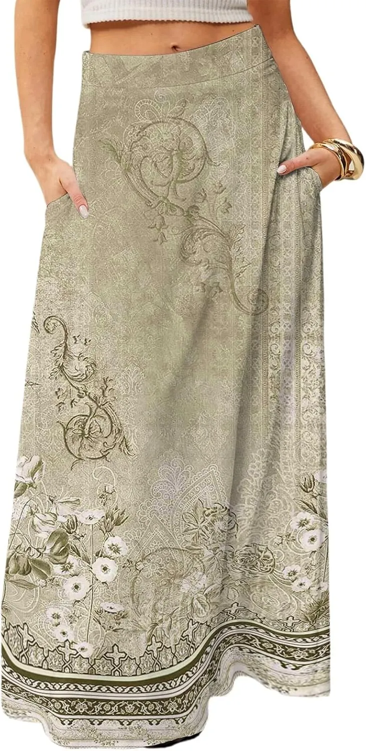 Women's Long Skirts Fall High Waisted Stretchy Vintage Floral Beach Swing Maxi Skirt 2025, S-2XL