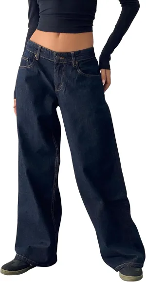 Women's Low Rise Baggy Jeans Boyfriend Y2K E-Girls Straight Wide Leg Denim Jeans Casual Loose Pants