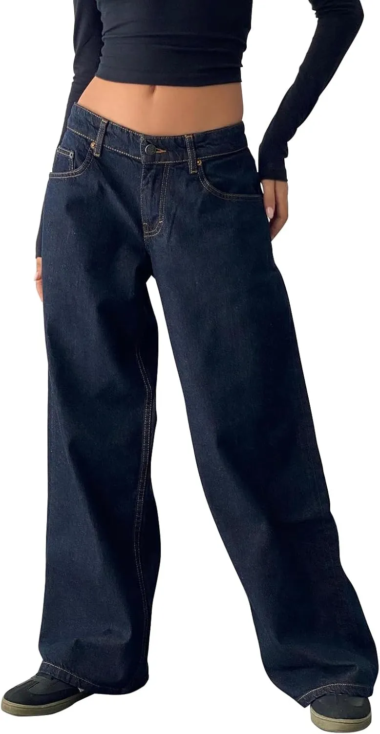 Women's Low Rise Baggy Jeans Boyfriend Y2K E-Girls Straight Wide Leg Denim Jeans Casual Loose Pants