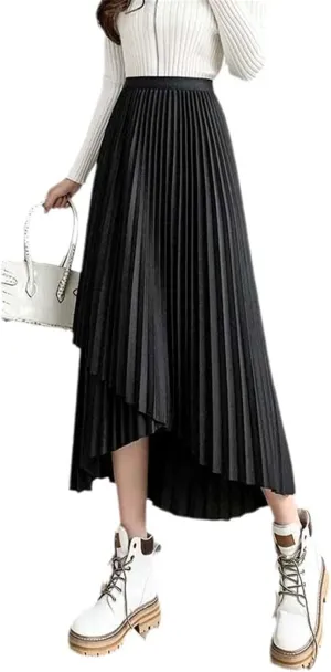 Women's Midi Pleated Skirts Asymmetrical Slim Elastic Waist Vintage Korean A-Line Black Chic