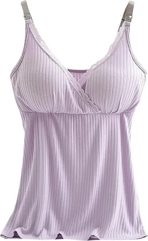 Womens Nursing Tank Tops Built in Bra for Breastfeeding Maternity Camisoles with Pads Sleeveless V Neck Cami Shirts