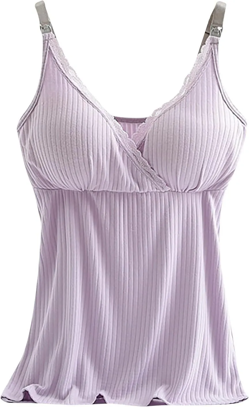 Womens Nursing Tank Tops Built in Bra for Breastfeeding Maternity Camisoles with Pads Sleeveless V Neck Cami Shirts