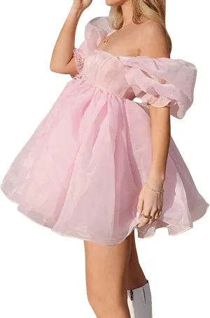 Womens Off-Shoulder Ruffled Fluffy Short-Sleeved Mesh Party Mini Princess Dress
