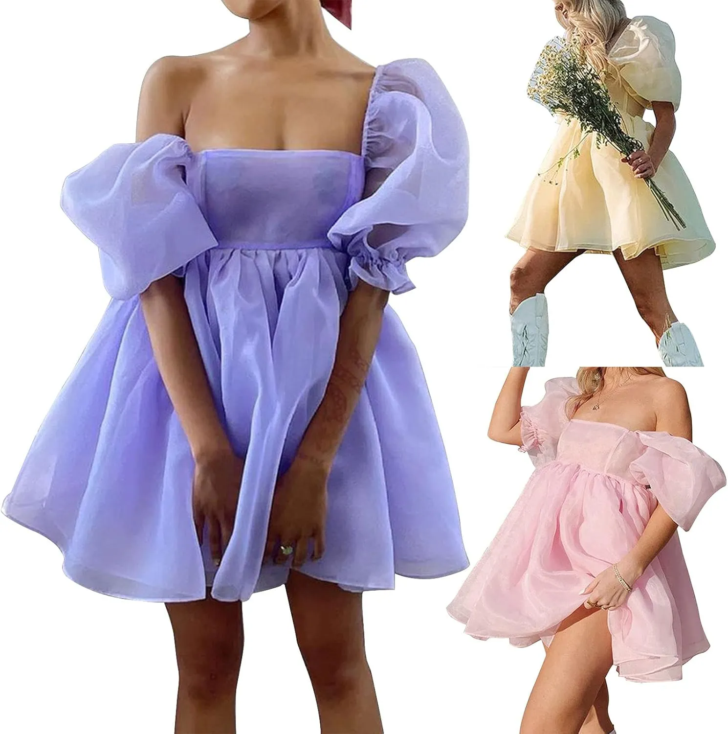 Womens Off-Shoulder Ruffled Fluffy Short-Sleeved Mesh Party Mini Princess Dress
