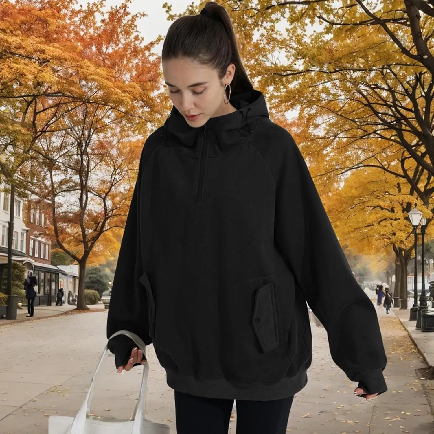 Womens Oversized Half Zip Cropped Hoodies Sweatshirts Long Sleeve Sweaters Pullover Fall Outfits Winter Clothes