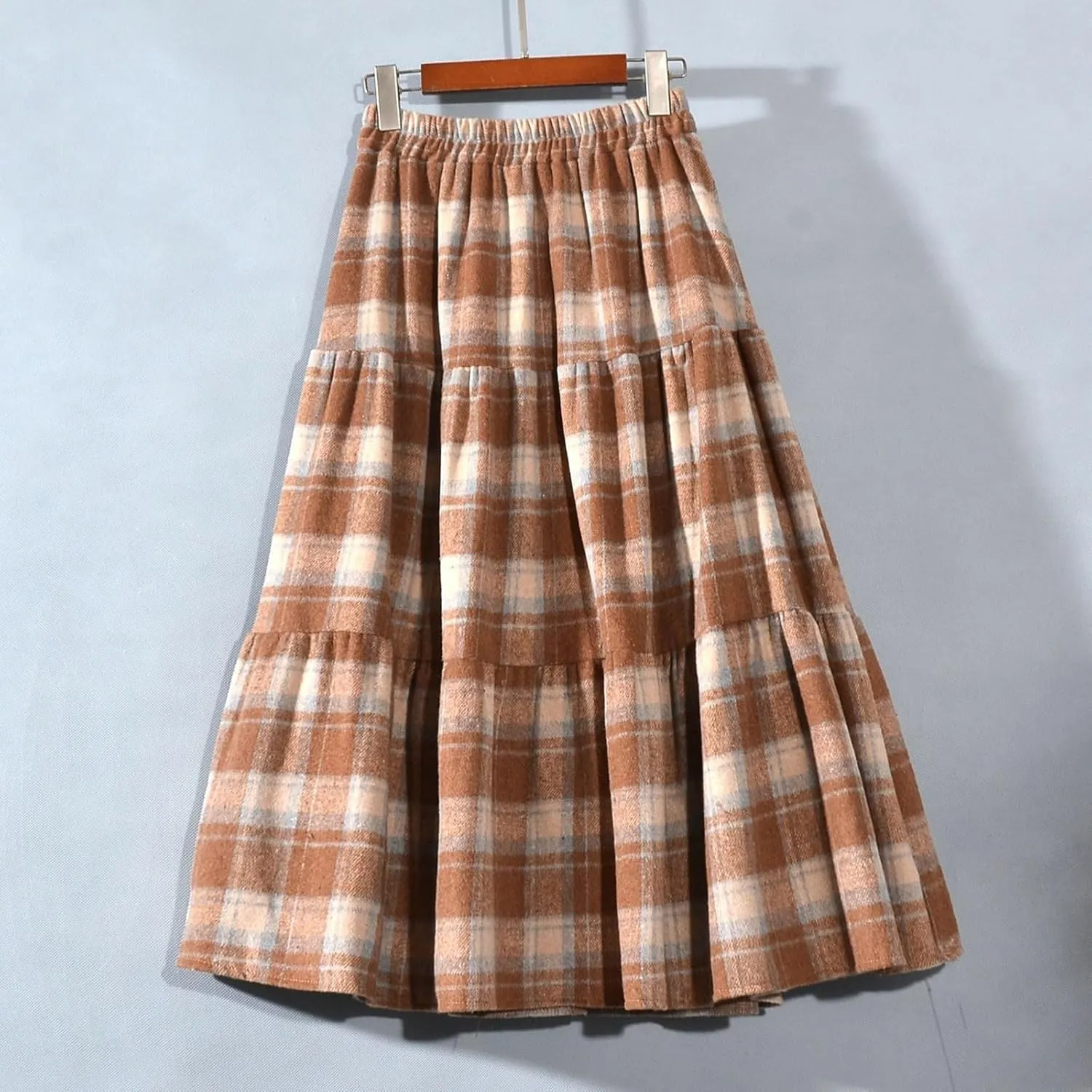 Women's Plaid Skirt Elastic High Waist Wool Skirts Trendy A Line Tiered Ruffle Swing Skirt Casual Loose Long Skirts