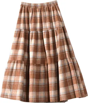 Women's Plaid Skirt Elastic High Waist Wool Skirts Trendy A Line Tiered Ruffle Swing Skirt Casual Loose Long Skirts