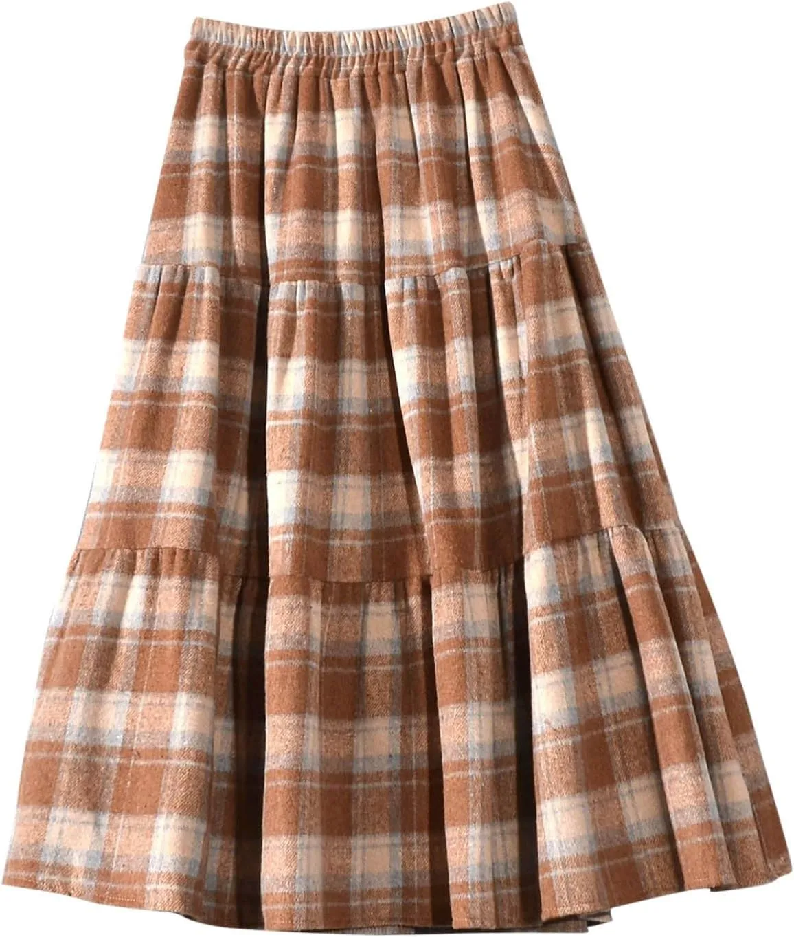 Women's Plaid Skirt Elastic High Waist Wool Skirts Trendy A Line Tiered Ruffle Swing Skirt Casual Loose Long Skirts