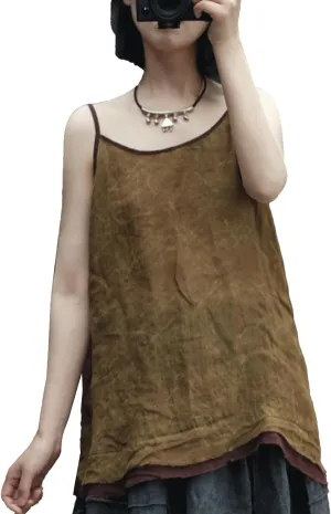 Womens Ramie Breathable Tank Tops Causal Sleeveless Floral Print Tops Summer Loose Fit Spaghetti Strap Cami Shirt