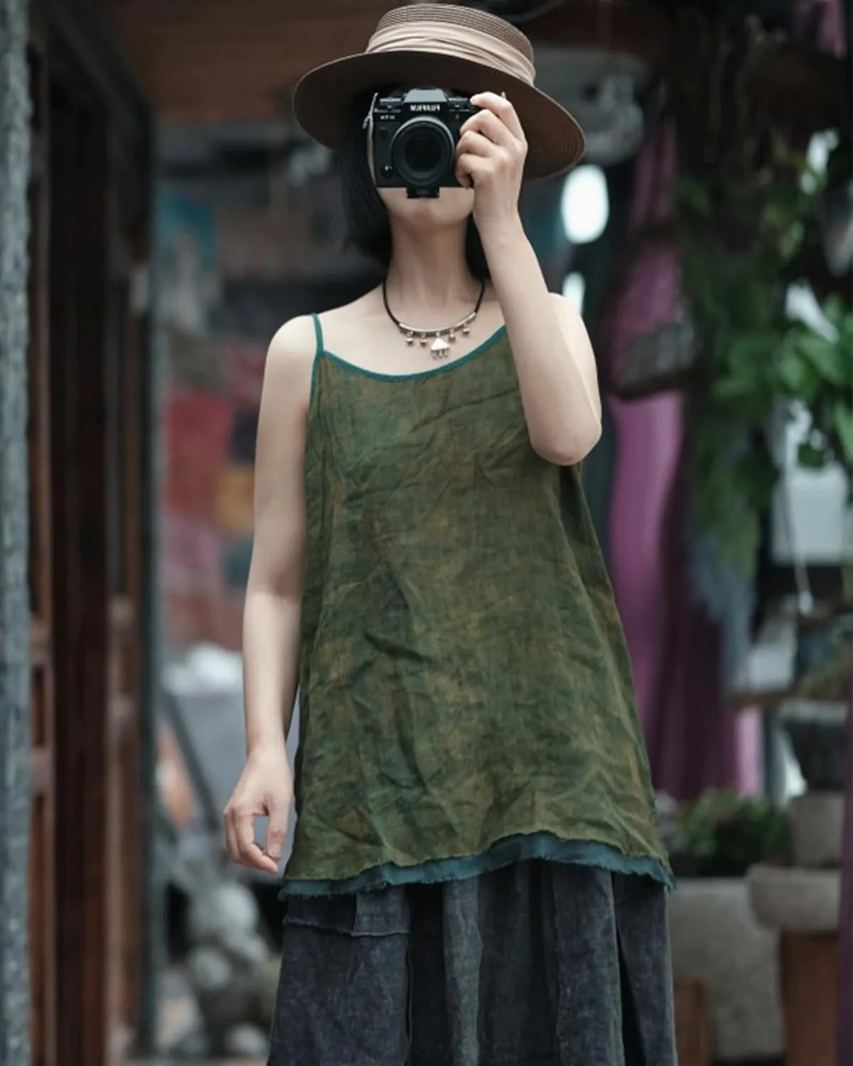 Womens Ramie Breathable Tank Tops Causal Sleeveless Floral Print Tops Summer Loose Fit Spaghetti Strap Cami Shirt
