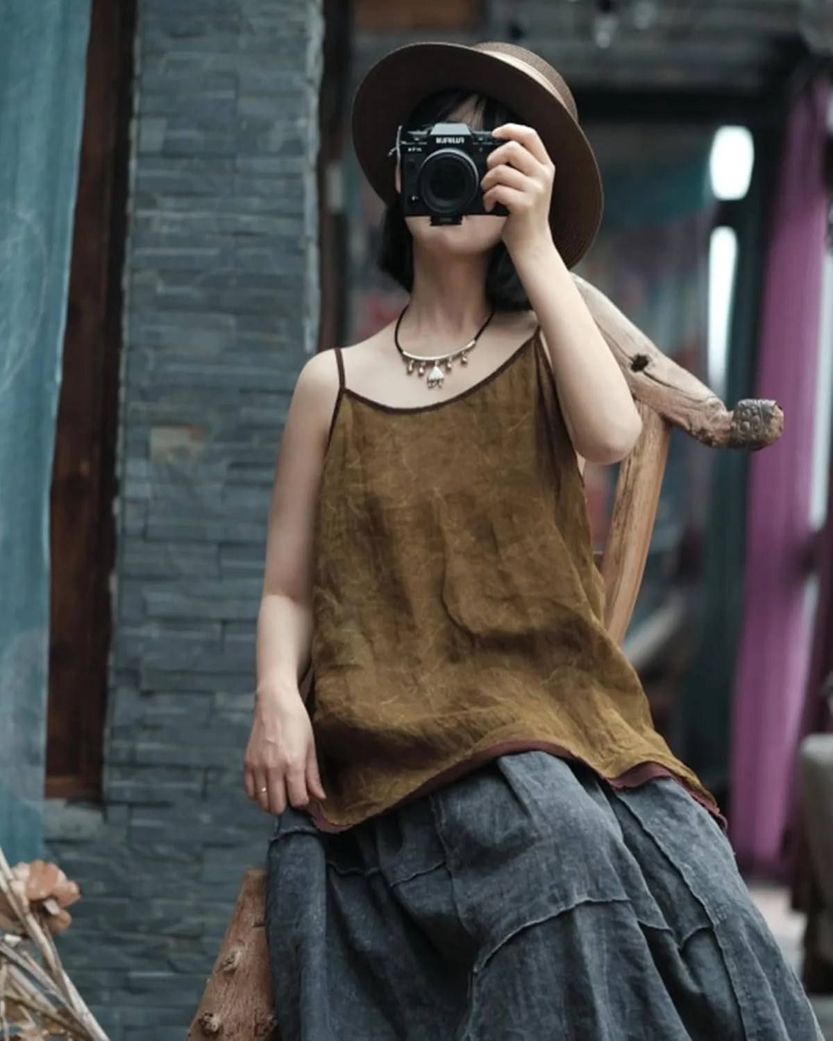 Womens Ramie Breathable Tank Tops Causal Sleeveless Floral Print Tops Summer Loose Fit Spaghetti Strap Cami Shirt