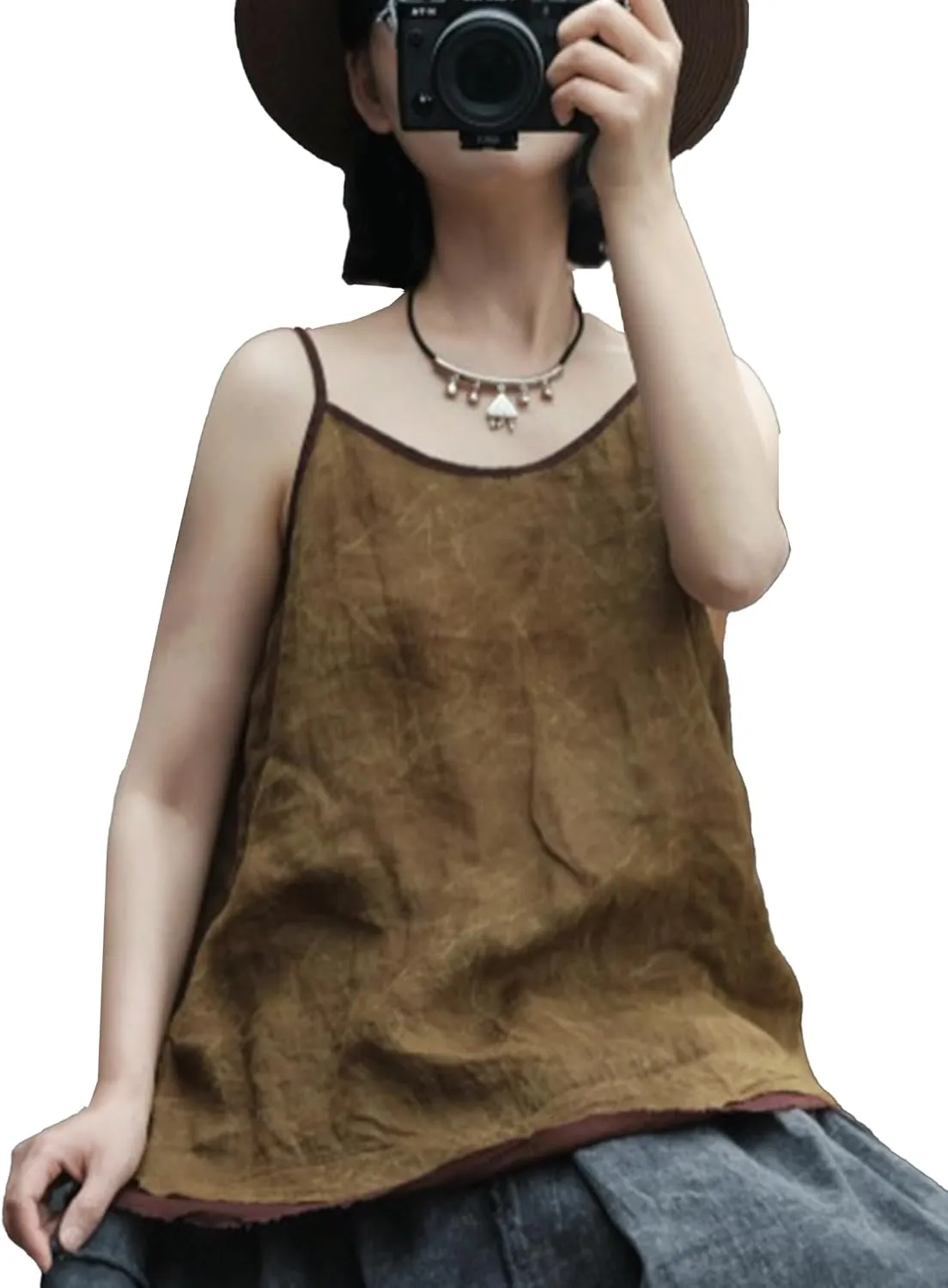 Womens Ramie Breathable Tank Tops Causal Sleeveless Floral Print Tops Summer Loose Fit Spaghetti Strap Cami Shirt