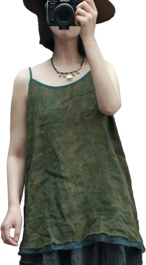 Womens Ramie Breathable Tank Tops Causal Sleeveless Floral Print Tops Summer Loose Fit Spaghetti Strap Cami Shirt