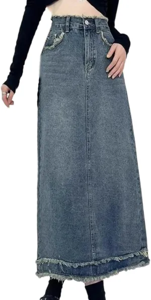 Women's Retro Distressed High Waisted Denim Skirt Slim Fit A-Line Mid-Length Jeans Skirt with Pockets