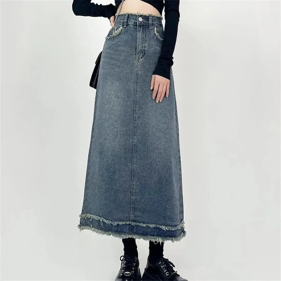 Women's Retro Distressed High Waisted Denim Skirt Slim Fit A-Line Mid-Length Jeans Skirt with Pockets