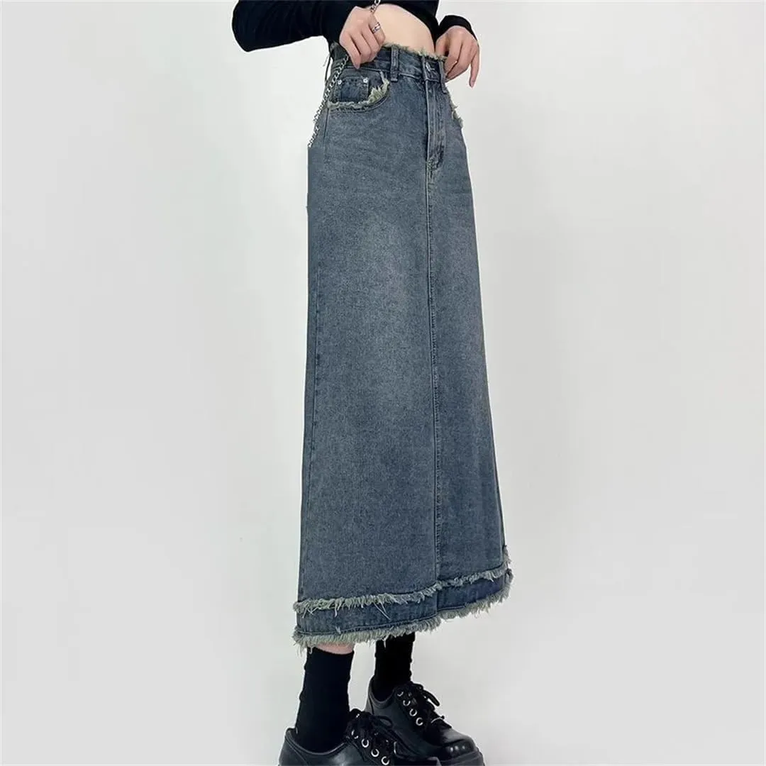 Women's Retro Distressed High Waisted Denim Skirt Slim Fit A-Line Mid-Length Jeans Skirt with Pockets