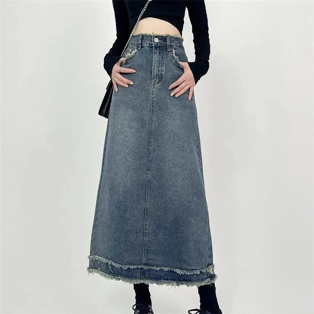 Women's Retro Distressed High Waisted Denim Skirt Slim Fit A-Line Mid-Length Jeans Skirt with Pockets