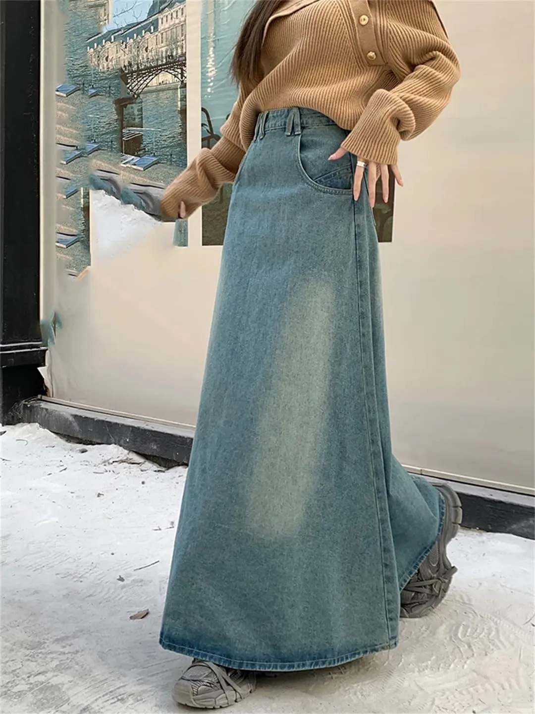 Women's Retro Distressed Washed Denim Skirts with Pockets High Waisted A-Line Big Hem Jeans Maxi Skirts