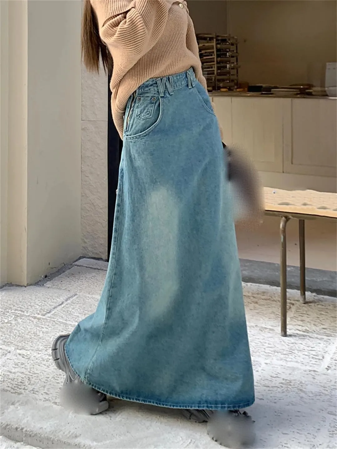 Women's Retro Distressed Washed Denim Skirts with Pockets High Waisted A-Line Big Hem Jeans Maxi Skirts