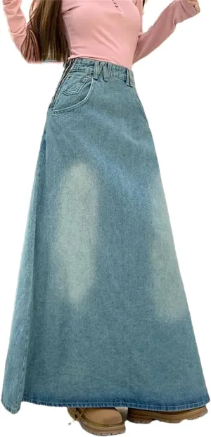 Women's Retro Distressed Washed Denim Skirts with Pockets High Waisted A-Line Big Hem Jeans Maxi Skirts