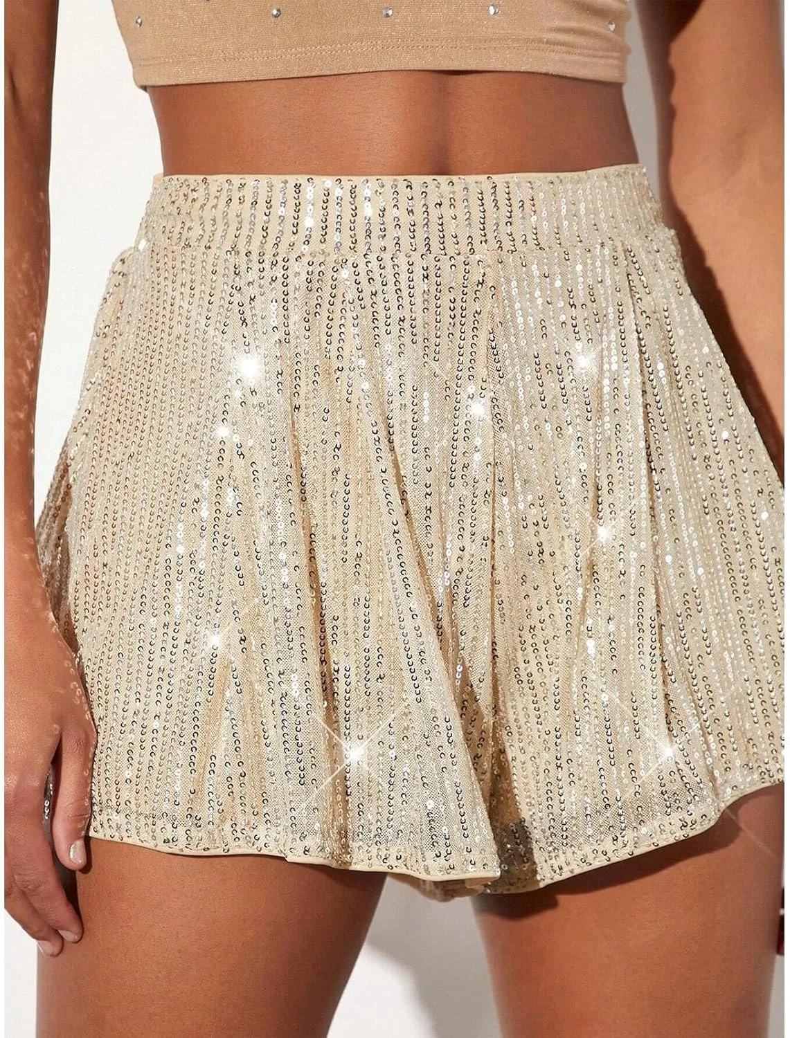 Women's Sequin Glitter High Waisted Skirt Shorts Sparkly A Line Skort Girls Denim Skirt