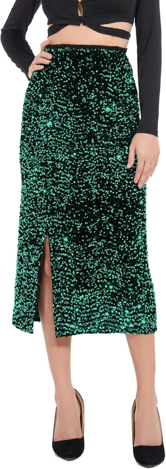 Womens Sequin Velvet Skirt Elastic High Waist Sparkle Split Hem Night Out Party Maxi Skirt