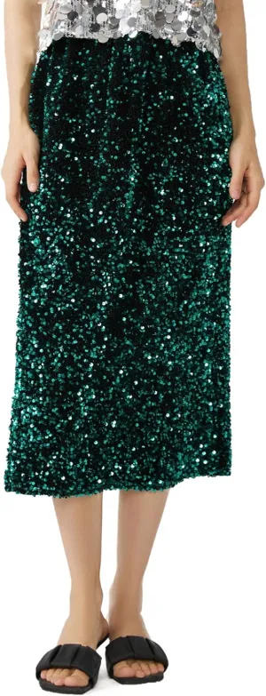 Womens Sequin Velvet Skirt Elastic High Waist Sparkle Split Hem Night Out Party Maxi Skirt