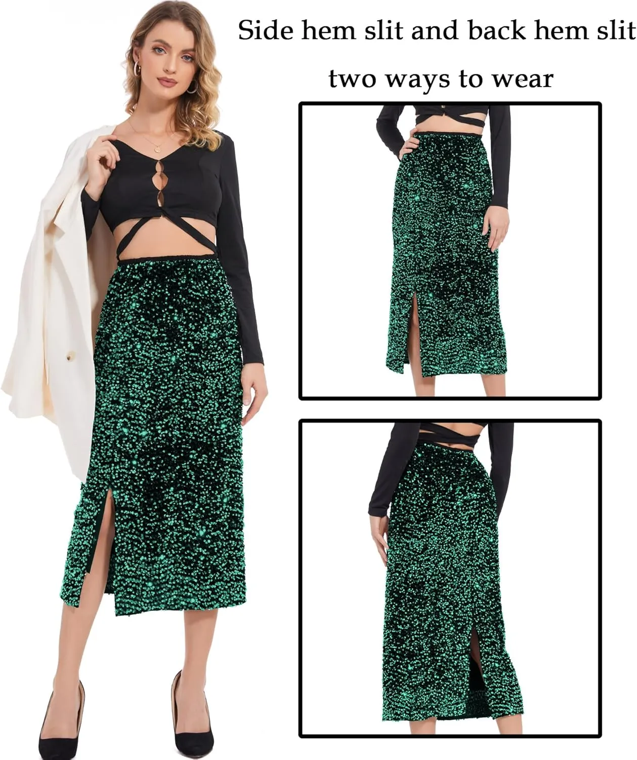 Womens Sequin Velvet Skirt Elastic High Waist Sparkle Split Hem Night Out Party Maxi Skirt