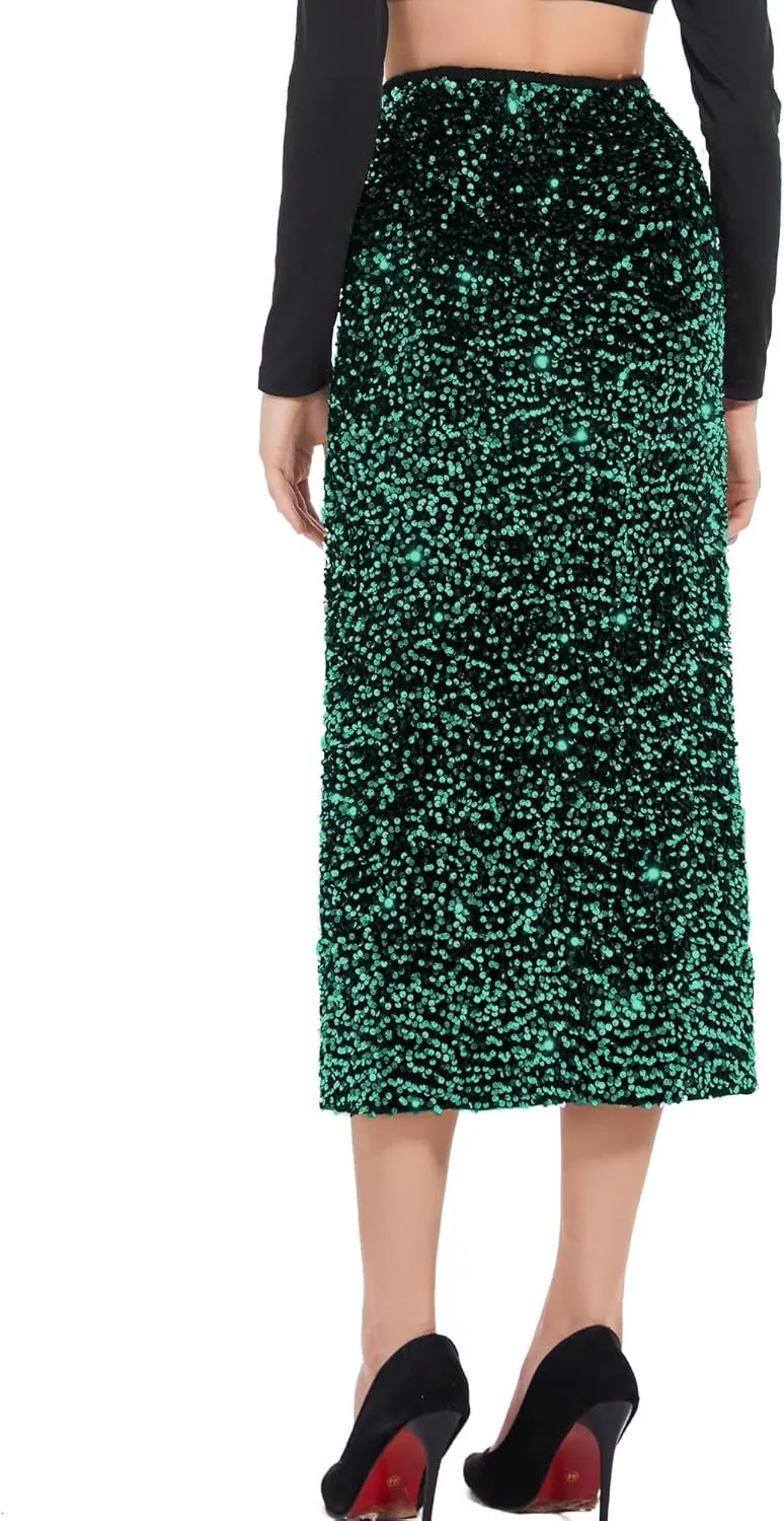 Womens Sequin Velvet Skirt Elastic High Waist Sparkle Split Hem Night Out Party Maxi Skirt