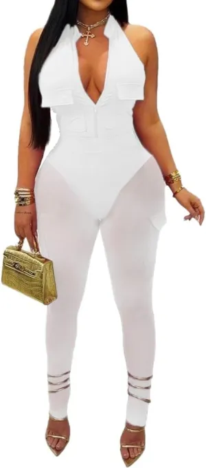 Women's Sexy 2 Piece Bodycon Outfits Cargo Jumpsuits Deep V Mesh Rompers