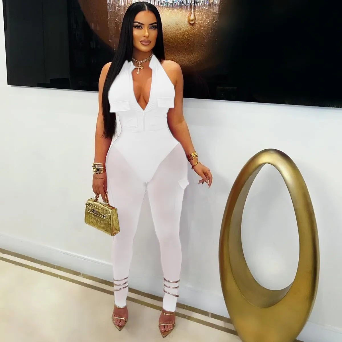 Women's Sexy 2 Piece Bodycon Outfits Cargo Jumpsuits Deep V Mesh Rompers