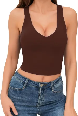 Women's Sexy V Neck Crop Tops Sexy Trendy Double Lined Tank Tops Going Out Sleeveless Basic Top