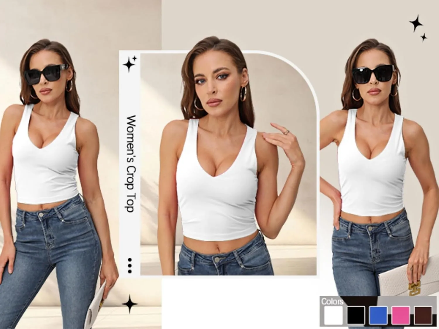 Women's Sexy V Neck Crop Tops Sexy Trendy Double Lined Tank Tops Going Out Sleeveless Basic Top
