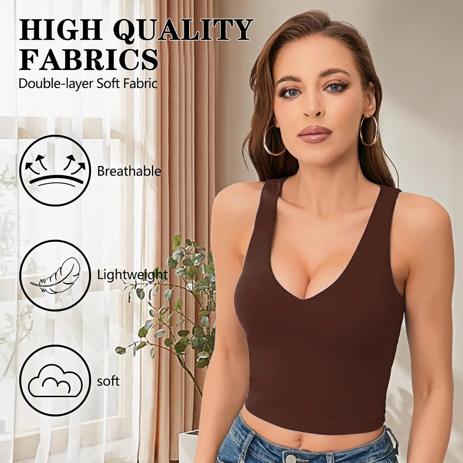 Women's Sexy V Neck Crop Tops Sexy Trendy Double Lined Tank Tops Going Out Sleeveless Basic Top