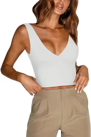 Women's Sexy V Neck Crop Tops Sexy Trendy Double Lined Tank Tops Going Out Sleeveless Basic Top